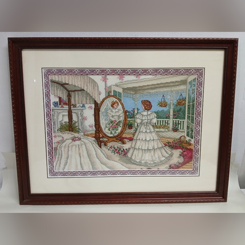Vintage Framed Bridal Cross-Stitch Art